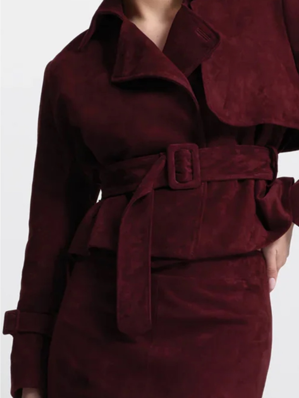 2 pc Suede Belted Jacket & skirt - Burgundy